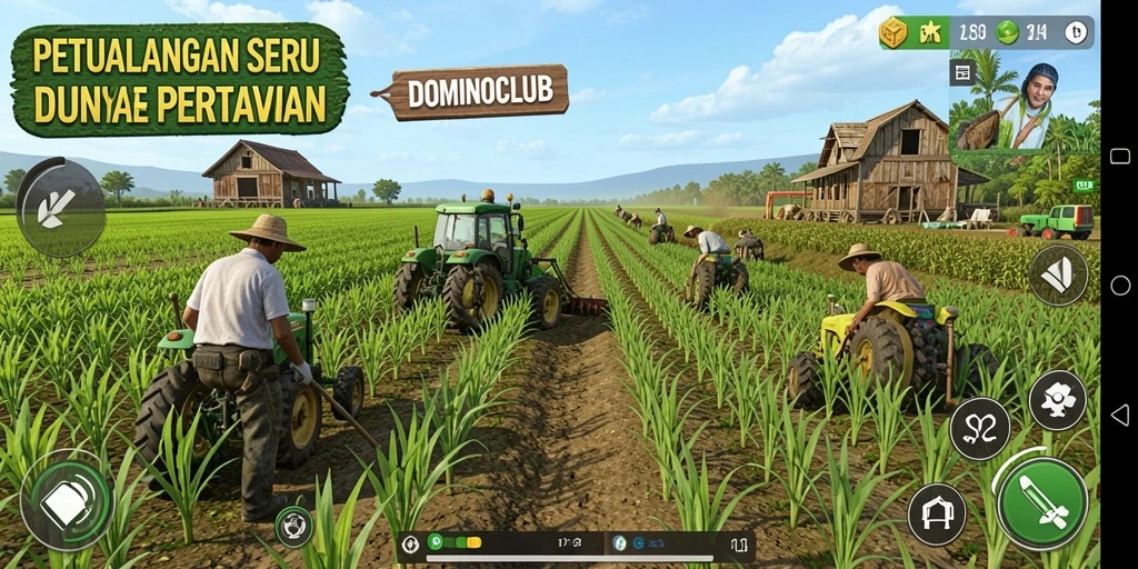 Tampilan gameplay menarik dalam <strong>DOMINOCLUB</strong> dengan aktivitas pertanian yang aktif.