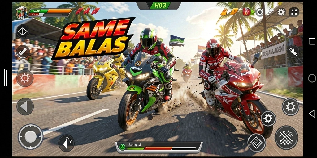 Tampilan gameplay H03 dengan motor balap melaju kencang.