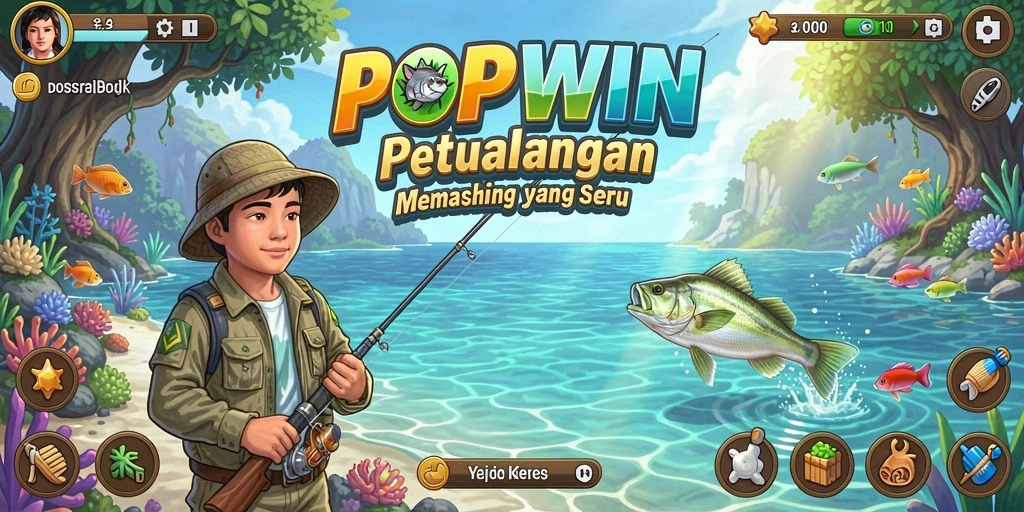 Screenshot gameplay menunjukkan aksi memancing seru di laut.