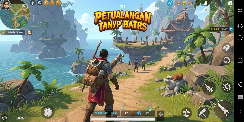 Screenshot menunjukkan pemain menjelajahi dunia terbuka RP99 yang indah.