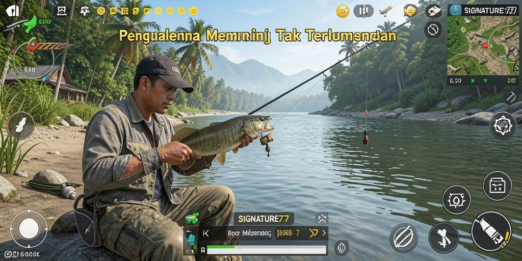 Screenshot gameplay SIGNATURE77 menampilkan aksi memancing yang mengasyikkan.